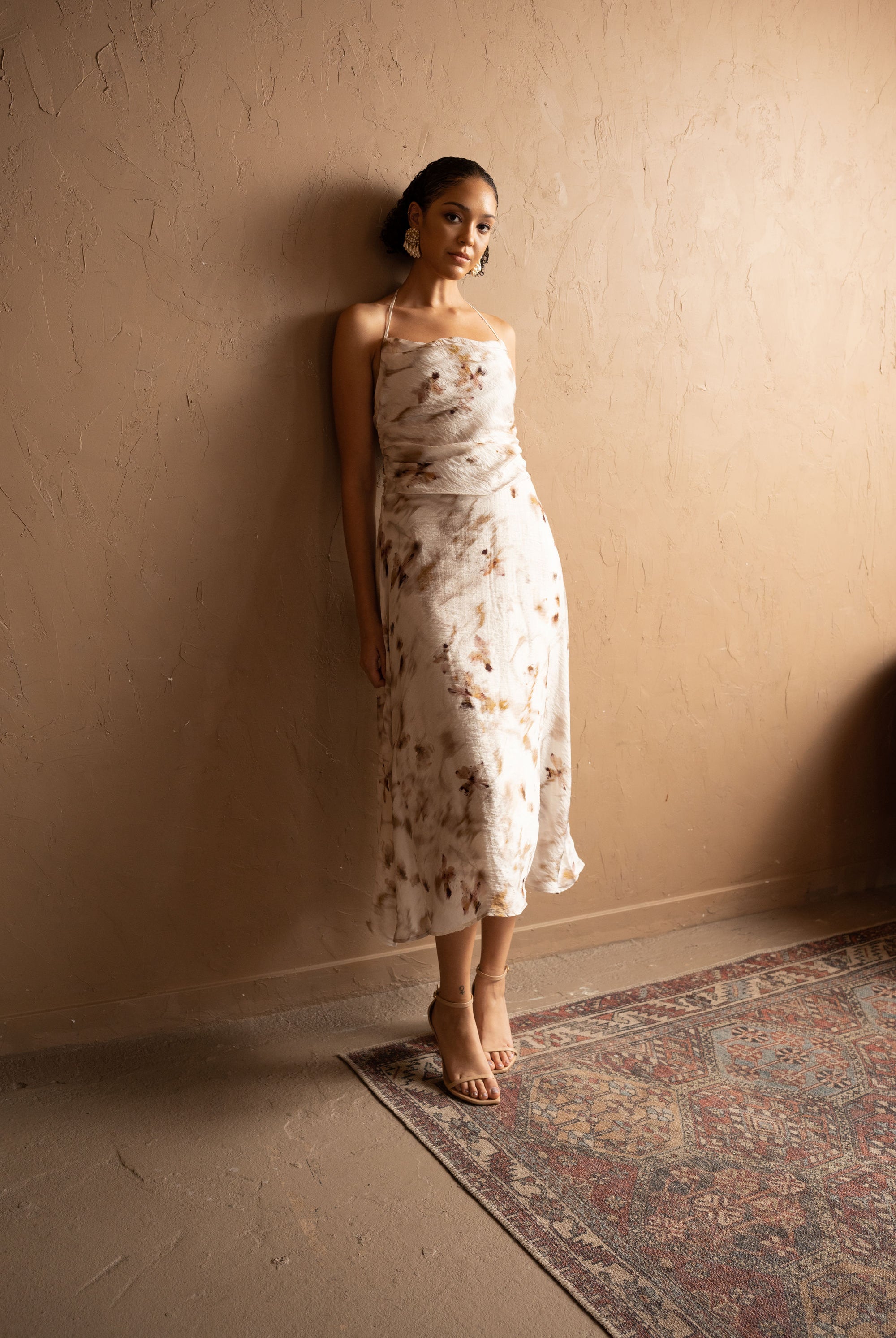 Alternative front view of Floral Halter Midi Dress in Tencel – Ivory.