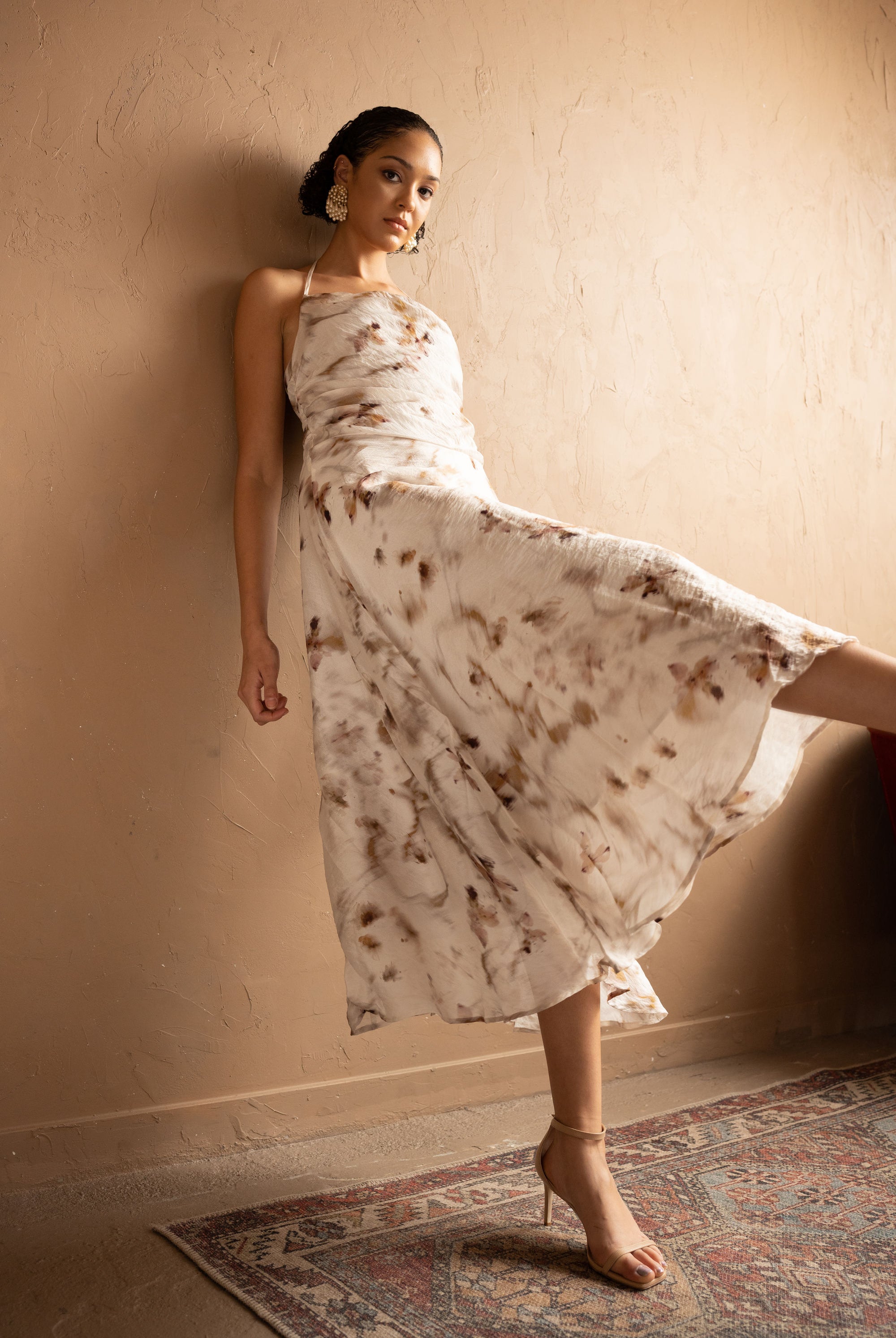 Second alternative view of Floral Halter Midi Dress in Tencel – Ivory.