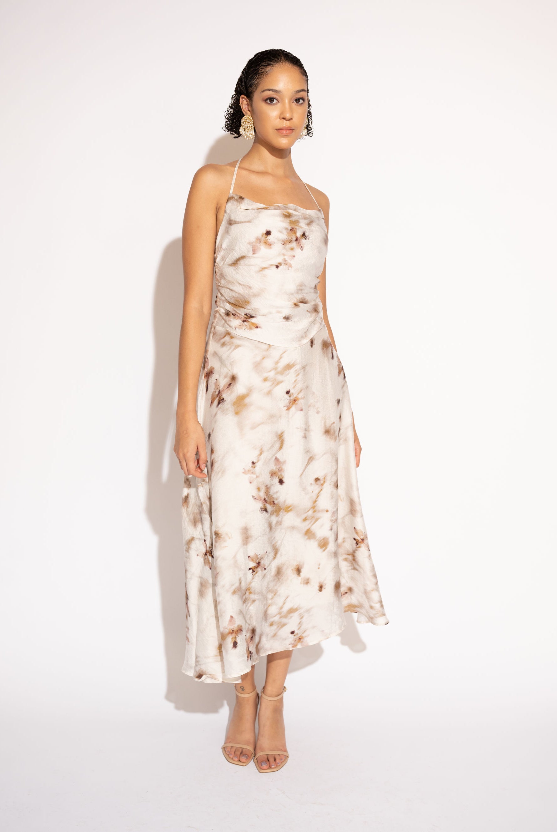 Front view with white background of Floral Halter Midi Dress in Tencel – Ivory by Aisl.