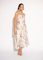 Front view with white background of Floral Halter Midi Dress in Tencel – Ivory by Aisl.