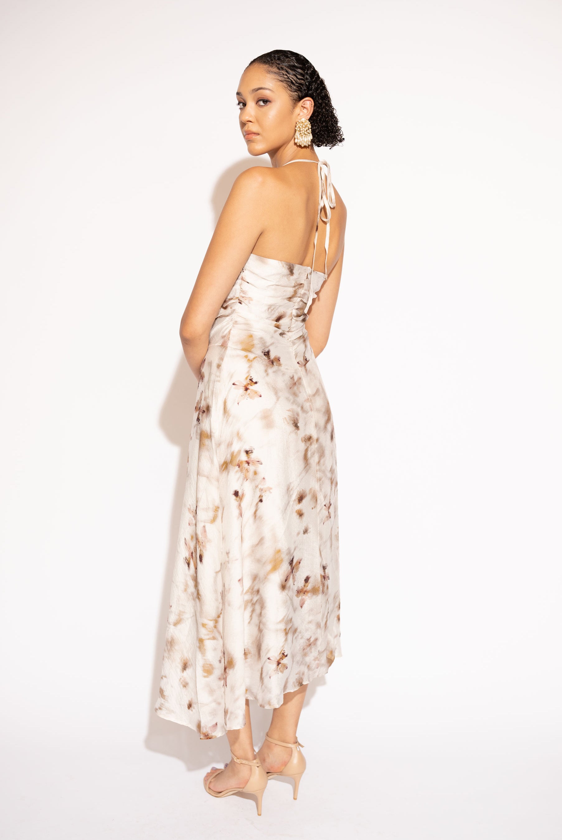 Back view of Floral Halter Midi Dress in Tencel – Ivory by Aisl.