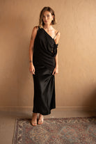 Front view of Asymmetrical Mesh-Spliced Satin Maxi Dress – Black by Aisl.