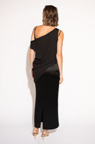 Back view with white background of Asymmetrical Mesh-Spliced Satin Maxi Dress – Black by Aisl.