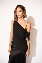 Closer front view of Asymmetrical Mesh-Spliced Satin Maxi Dress – Black by Aisl.
