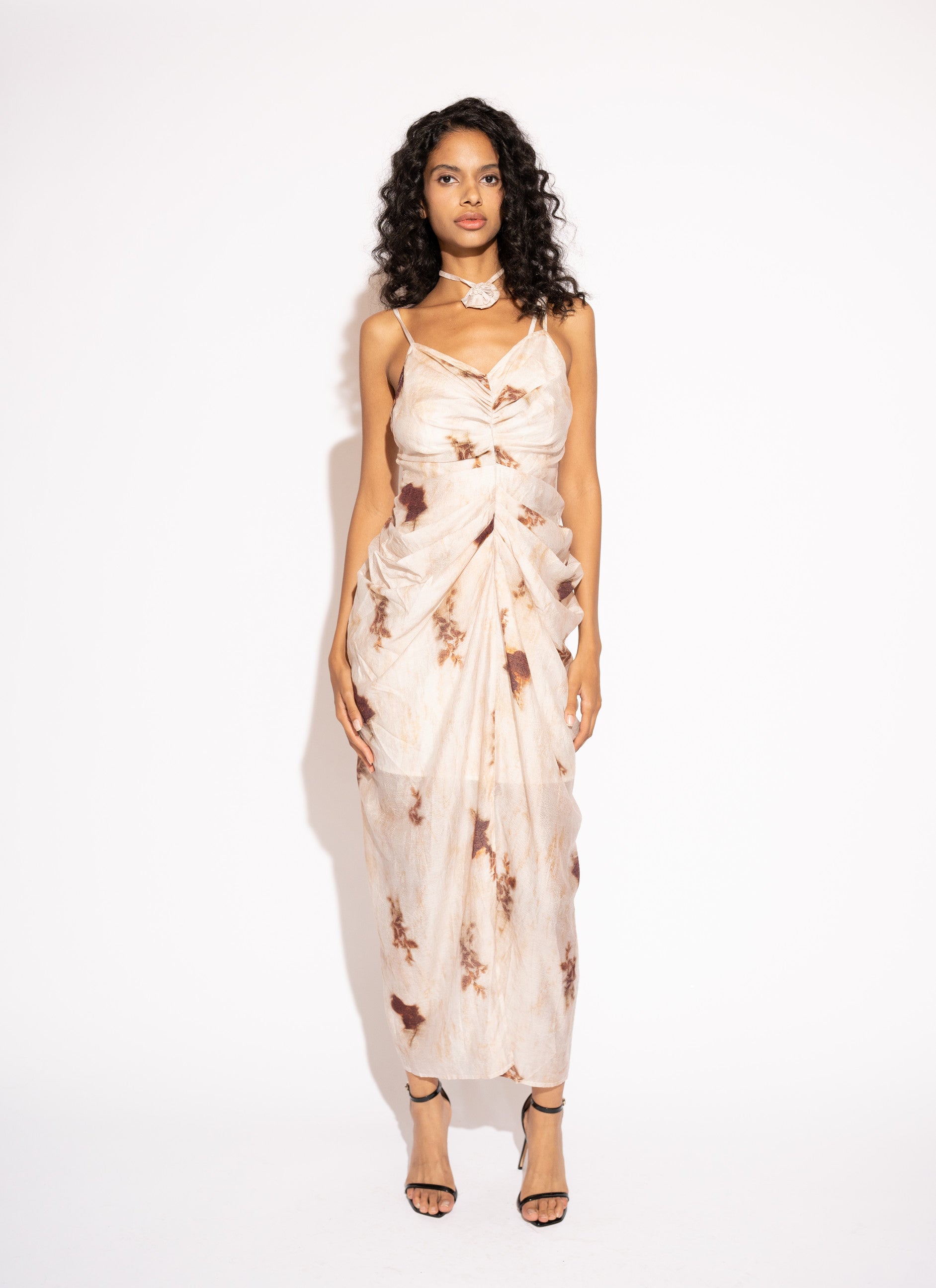 Front view with white background of Floral Draped Tencel Maxi Dress – Ivory by Aisl.