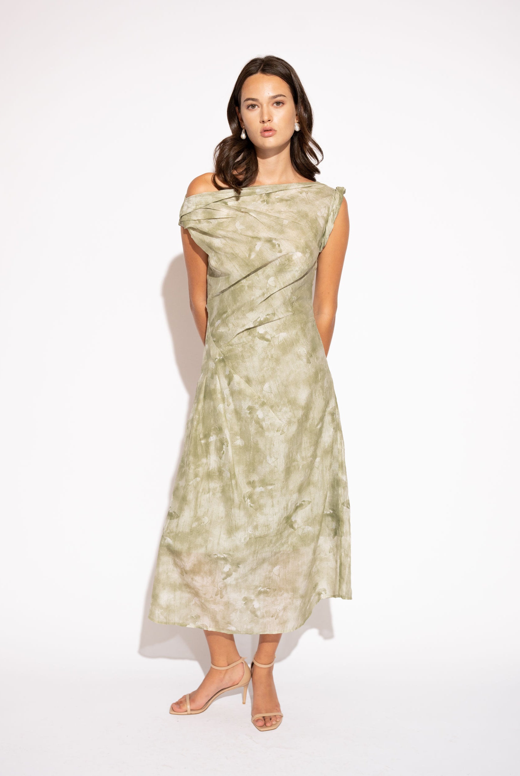 Front view with white background of Draped Printed Midi Dress – Sage Green by Aisl.