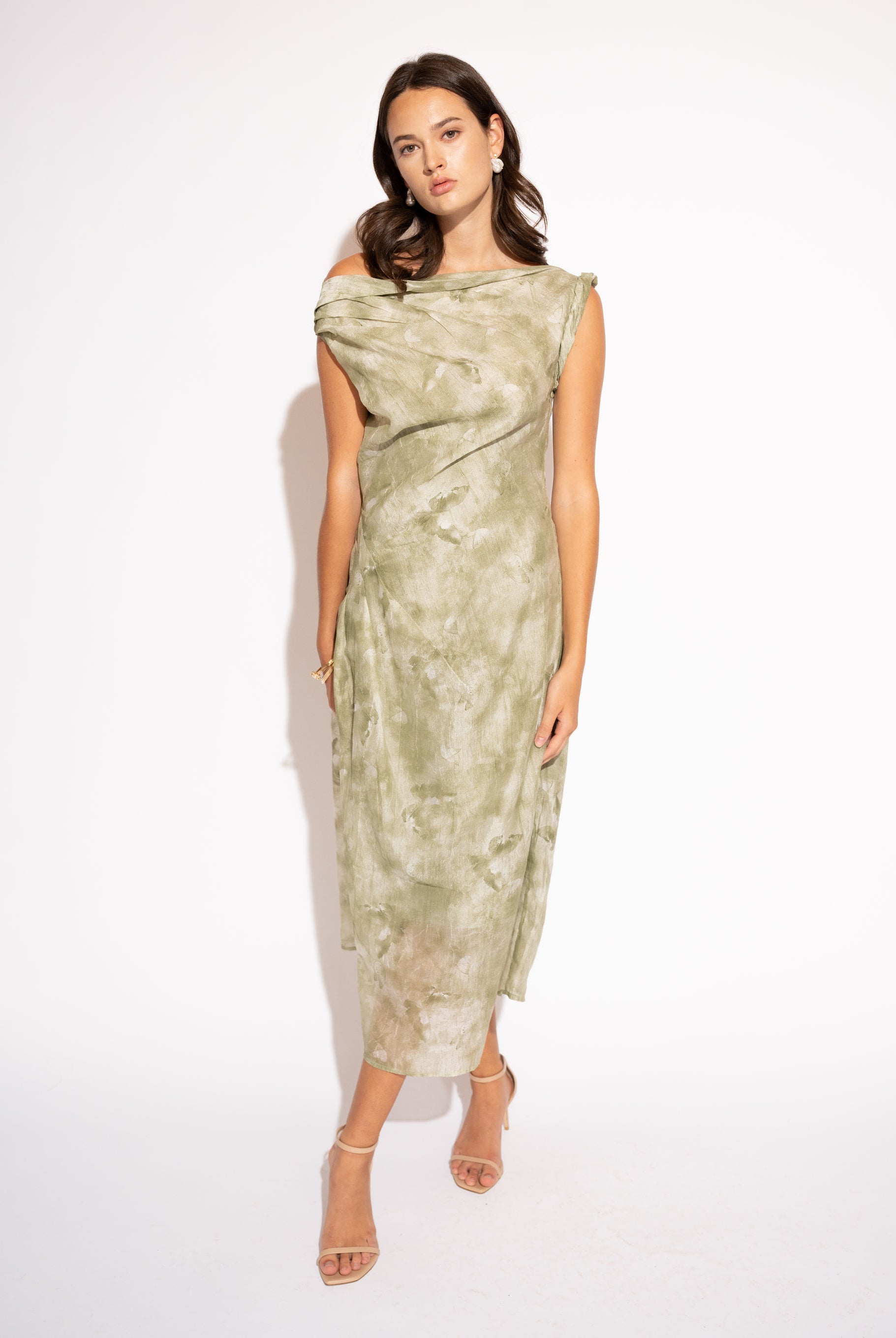 Front view with white background of Draped Printed Midi Dress – Sage Green by Aisl.