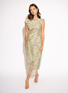 Front view with white background of Draped Printed Midi Dress – Sage Green by Aisl.