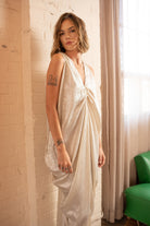 Pearl Satin Drape Maxi Dress with V-Neck – Silver, Front View - Alt 2