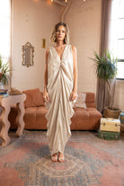 Pearl Satin Drape Maxi Dress with V-Neck – Silver, Front View - Alt 3
