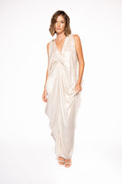 Pearl Satin Drape Maxi Dress with V-Neck – Silver, Front View