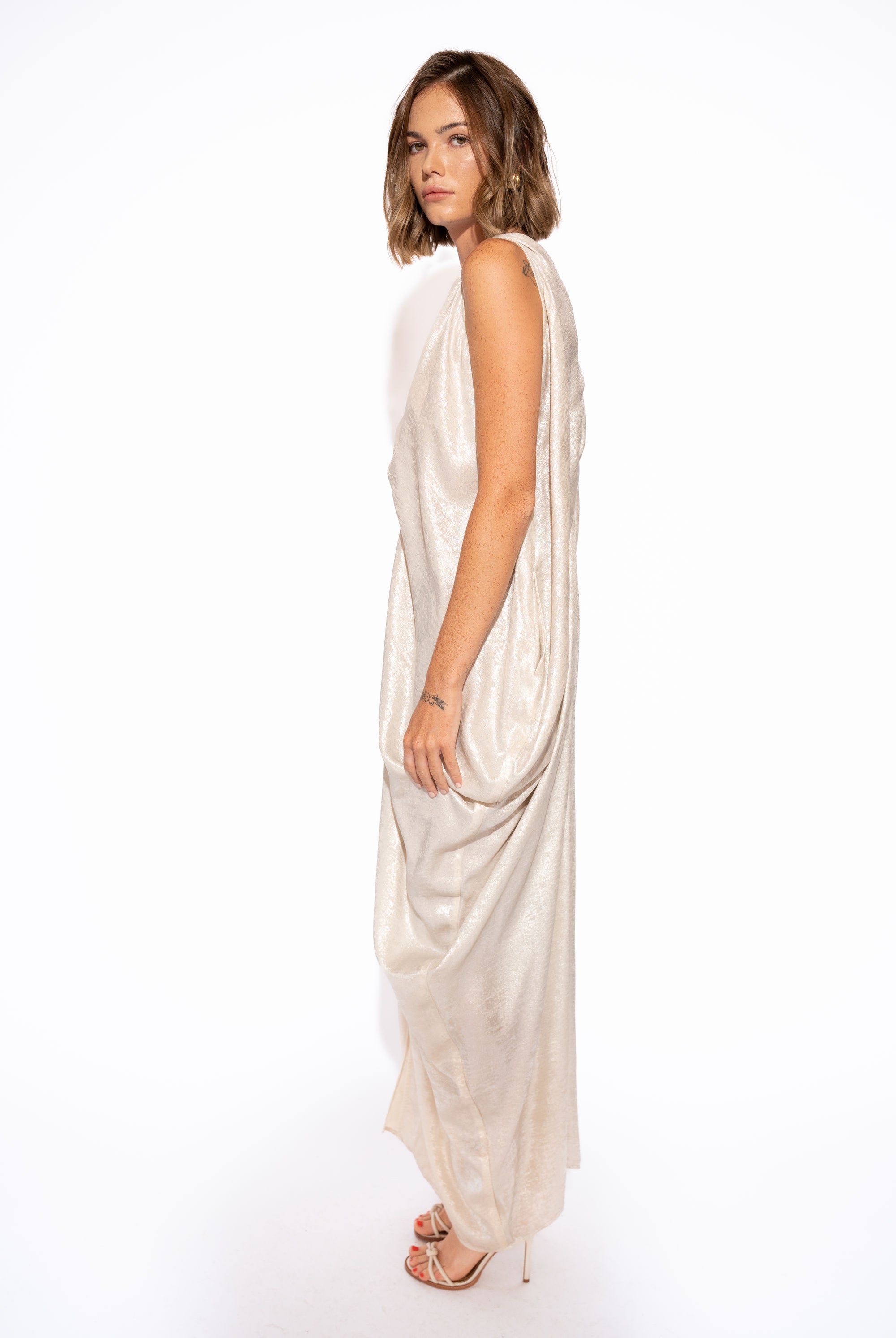 Pearl Satin Drape Maxi Dress with V-Neck – Silver, Side View