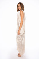 Pearl Satin Drape Maxi Dress with V-Neck – Silver, Side View