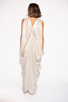 Pearl Satin Drape Maxi Dress with V-Neck – Silver, Back View