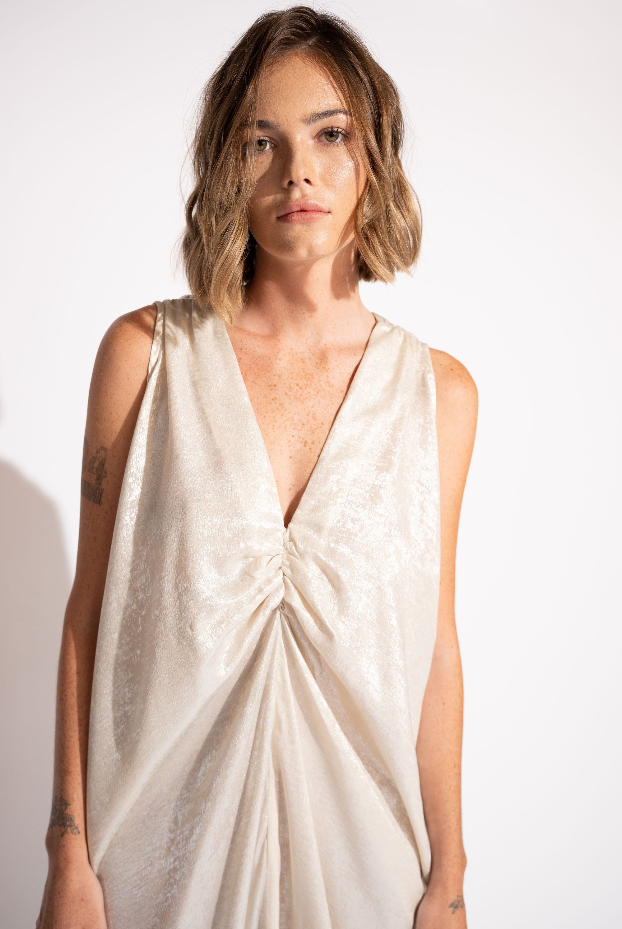 Pearl Satin Drape Maxi Dress with V-Neck – Silver, Front View - Close Up