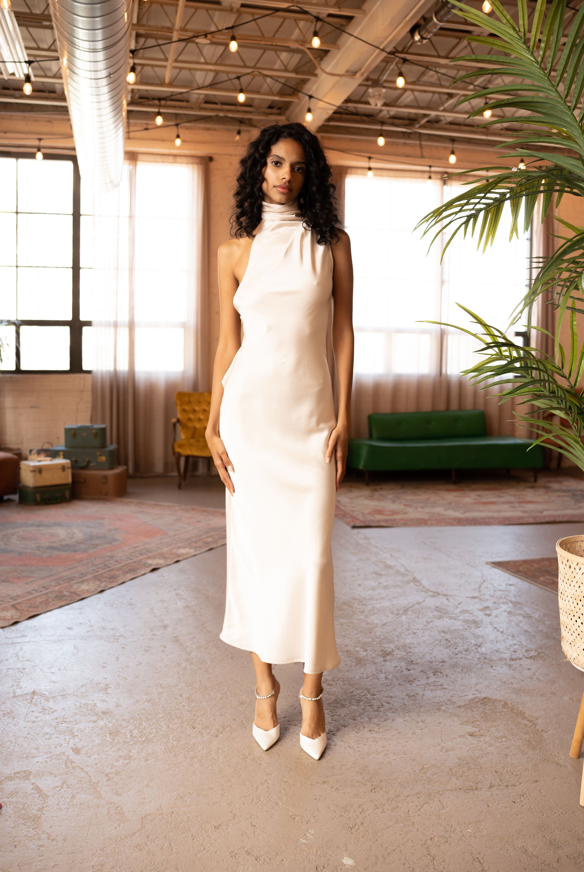 Front view of Asymmetrical High-Neck Long Maxi Dress – Ivory by Aisl.