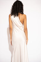 Back view of Asymmetrical High-Neck Long Maxi Dress – Ivory by Aisl.