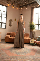 Linen-Blend V-Neck Maxi Dress with Natural Texture – Earth Brown, Front View