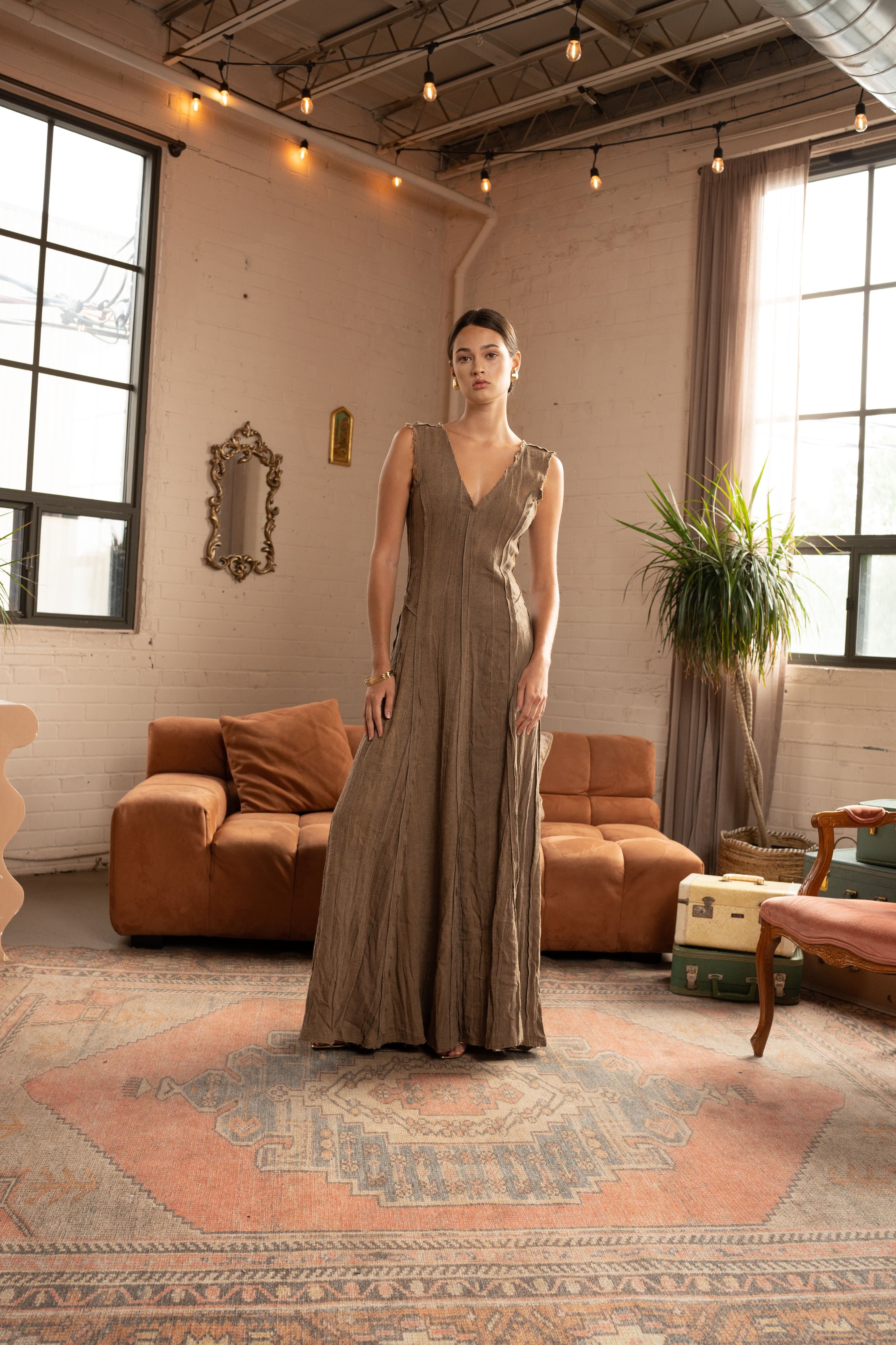 Linen-Blend V-Neck Maxi Dress with Natural Texture – Earth Brown, Front View