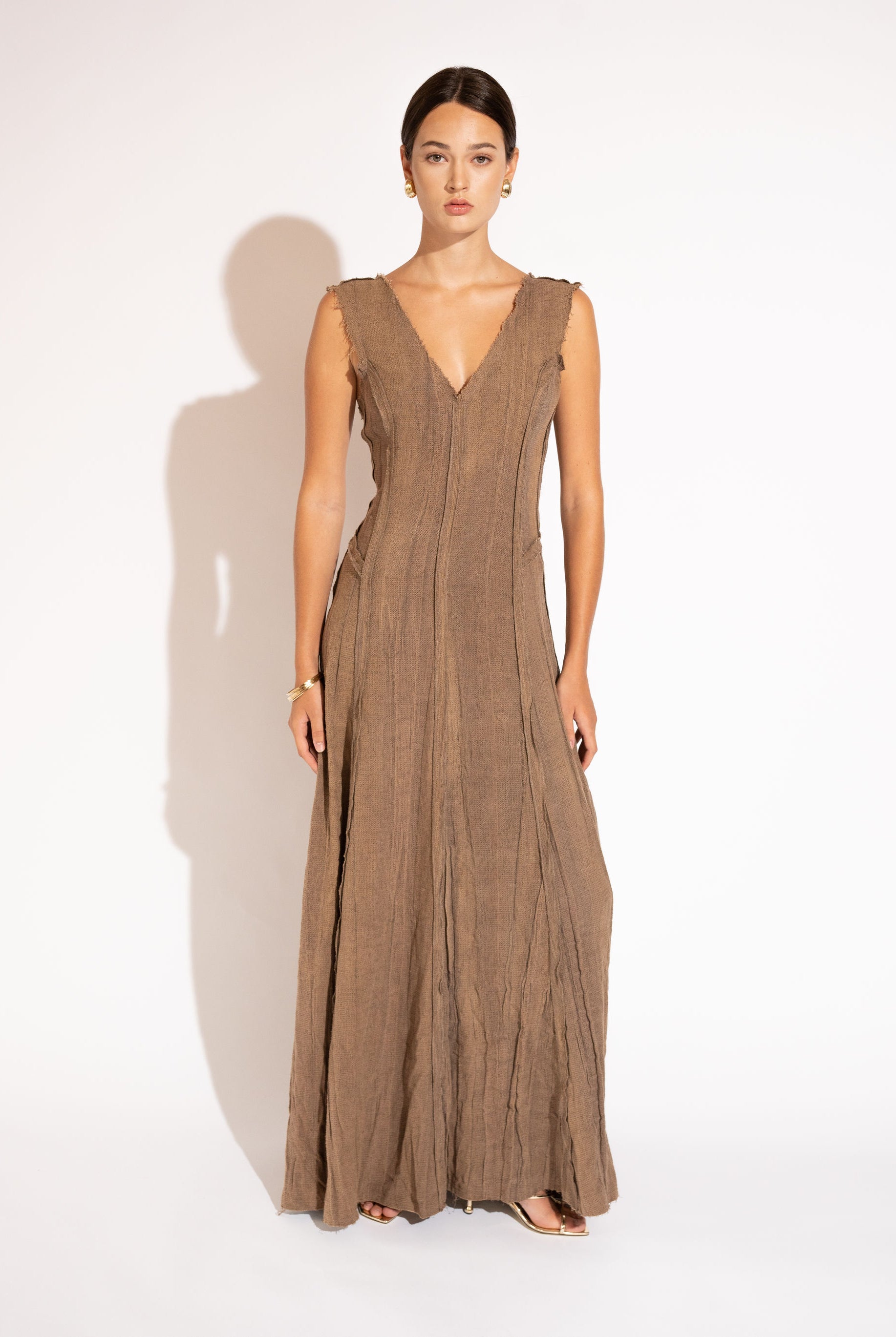 Linen-Blend V-Neck Maxi Dress with Natural Texture – Earth Brown, Front View - White Background
