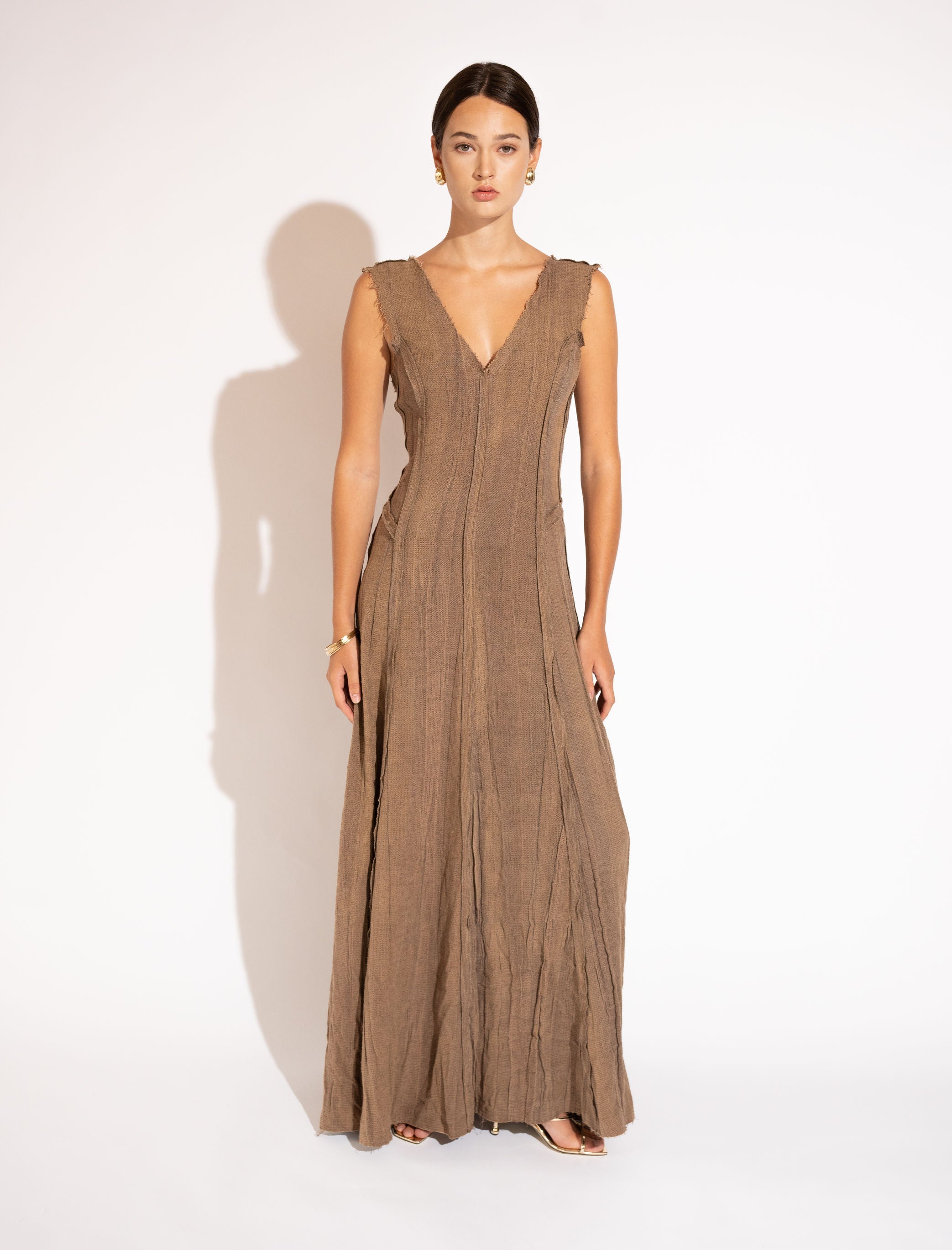 Linen-Blend V-Neck Maxi Dress with Natural Texture – Earth Brown, Front View - White Background