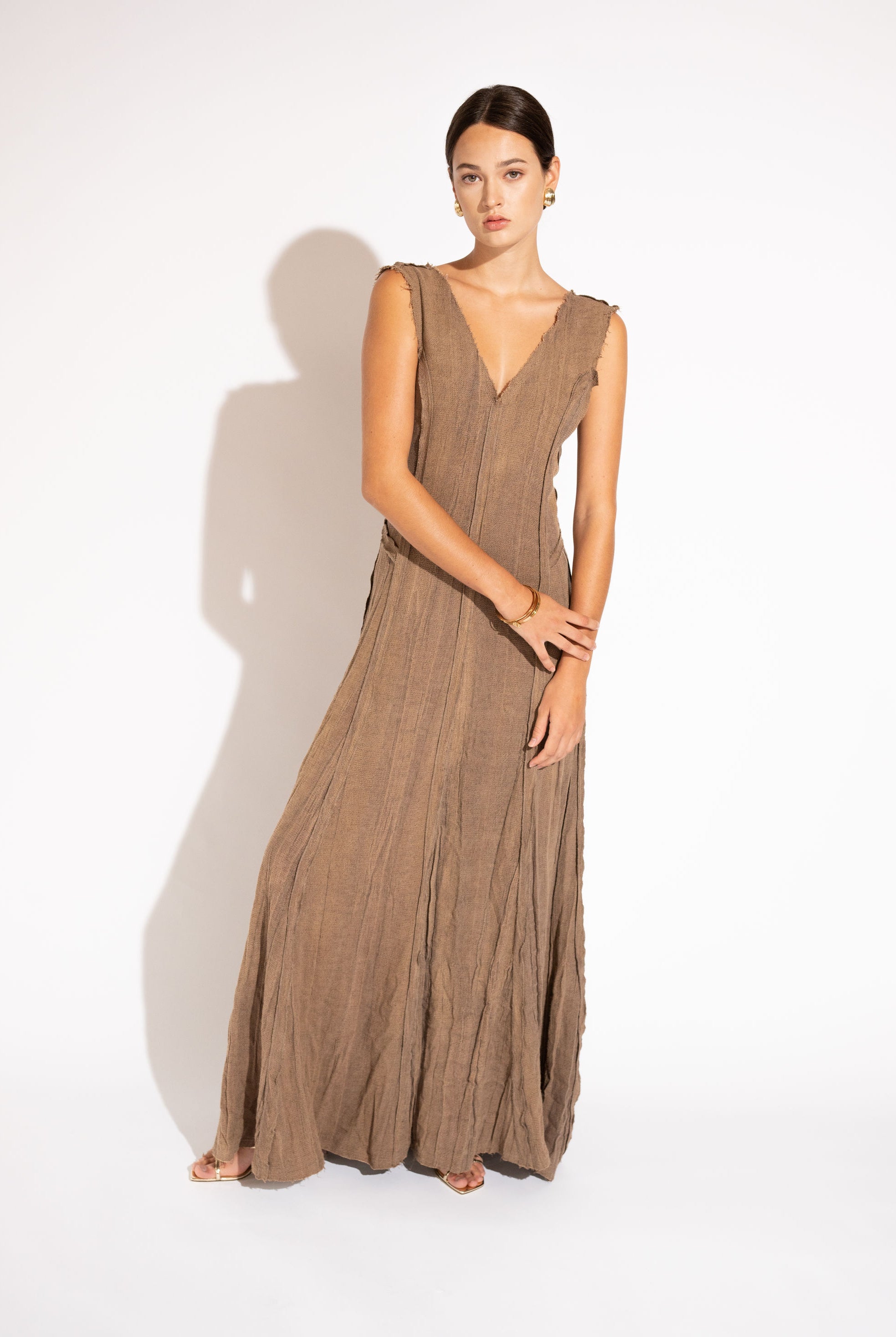 Linen-Blend V-Neck Maxi Dress with Natural Texture – Earth Brown, Front View - White Background - Alt