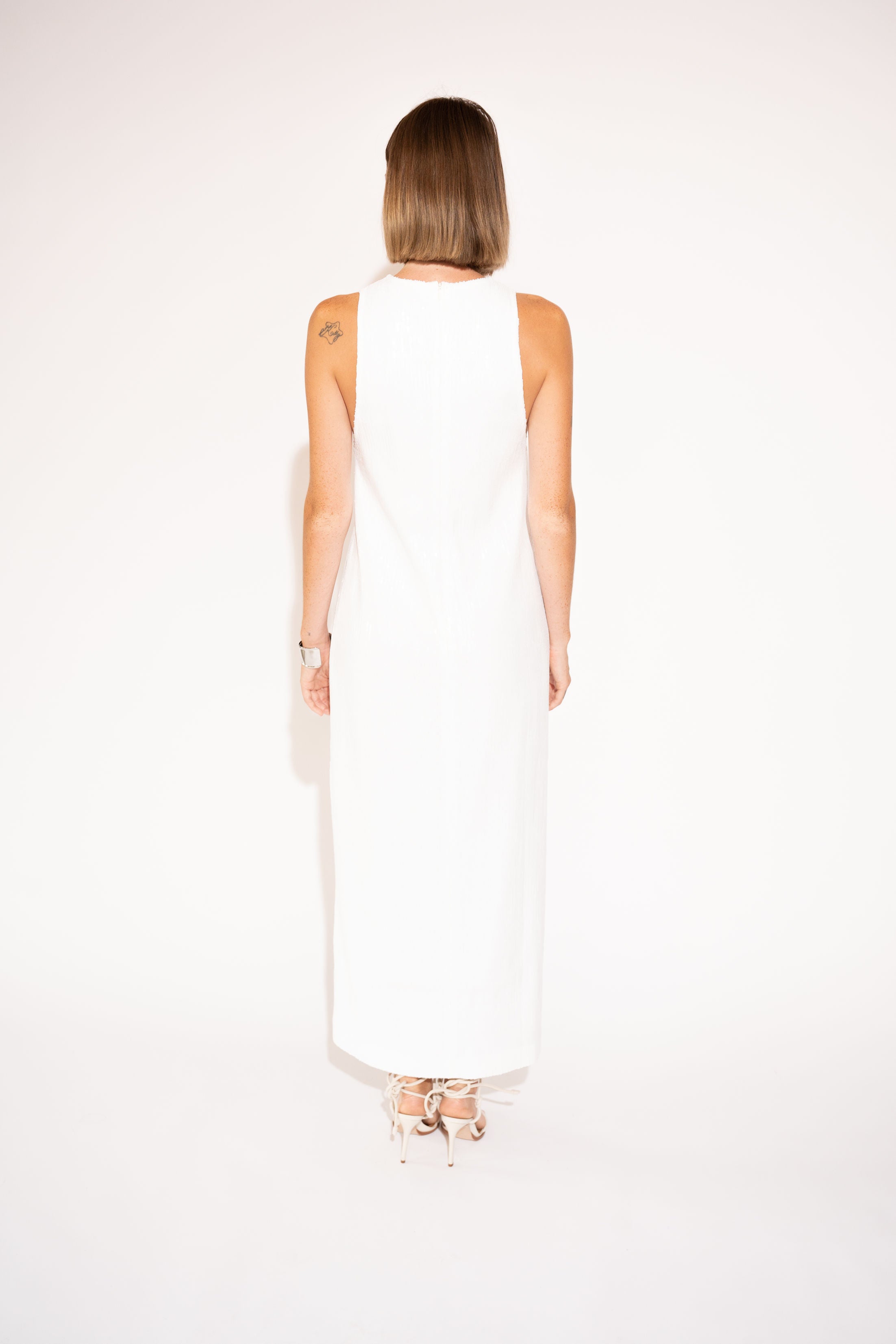 High-Neck Sequin Maxi Dress – Ivory, Back View