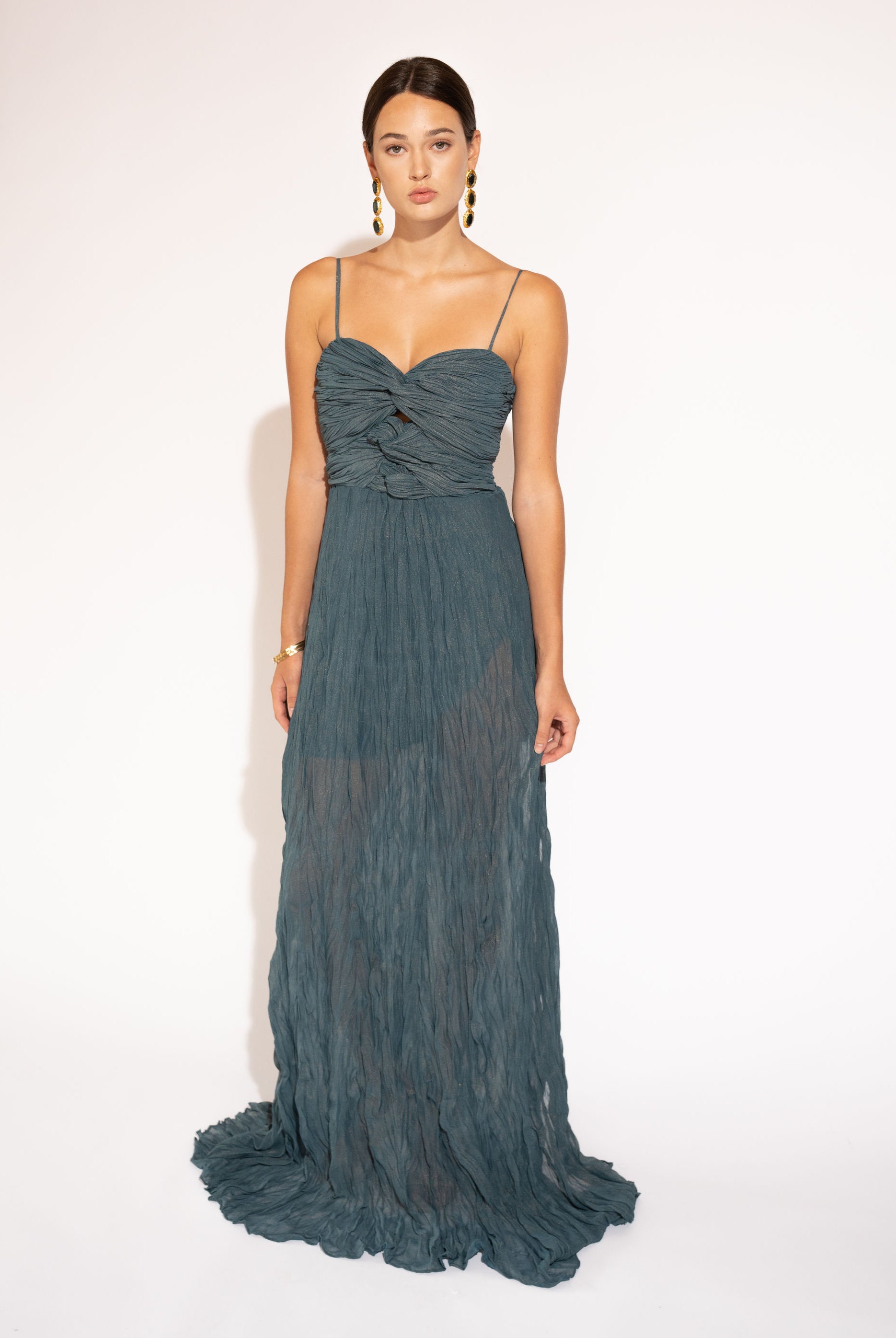 Silk Crepe Chiffon Maxi Dress with Ruched Bodice – Teal, Front View