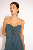 Silk Crepe Chiffon Maxi Dress with Ruched Bodice – Teal, Front View - Alt 3