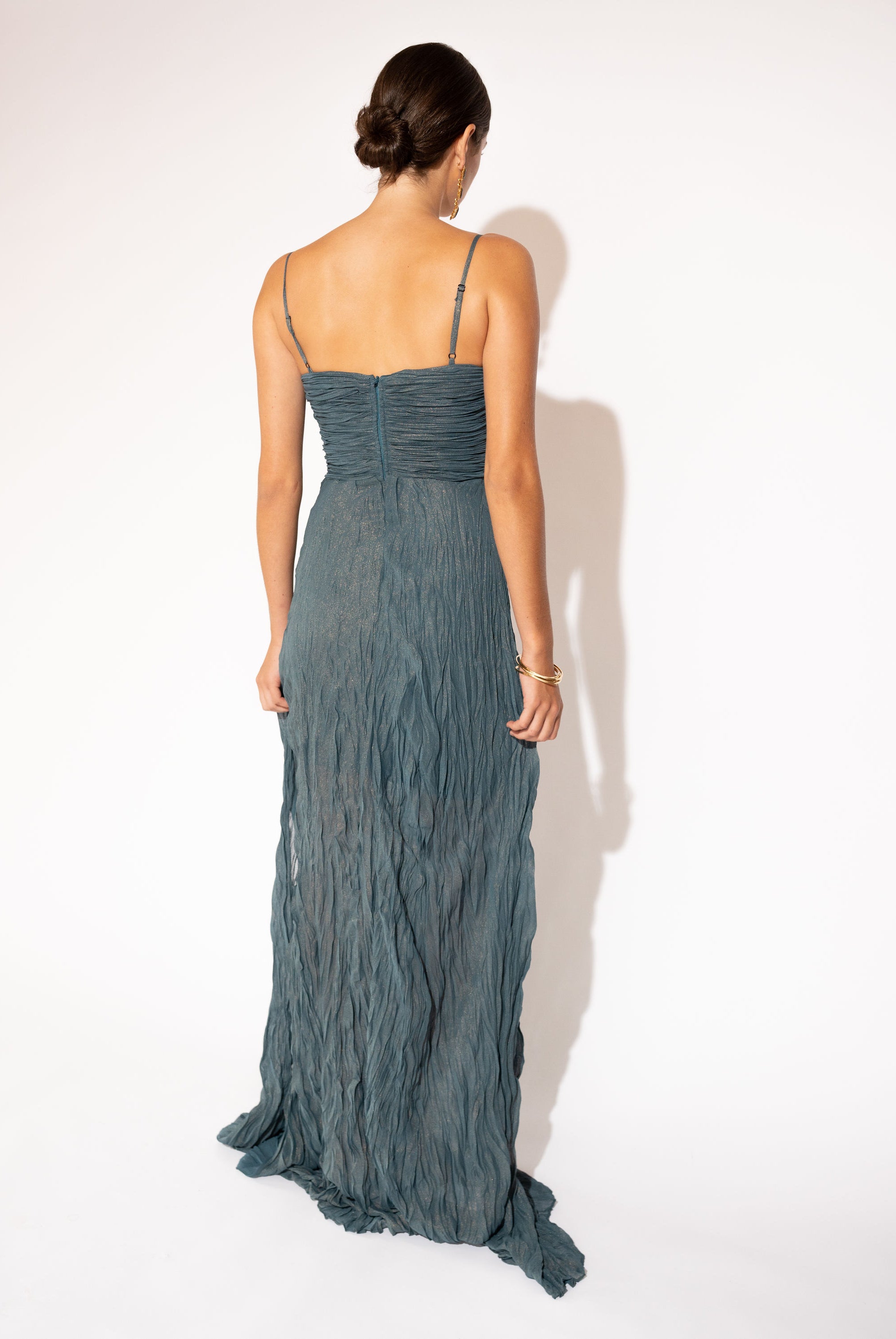 Silk Crepe Chiffon Maxi Dress with Ruched Bodice – Teal, Back View