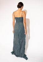 Silk Crepe Chiffon Maxi Dress with Ruched Bodice – Teal, Back View