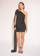 White background, front view of model with Asymmetrical Chiffon Mini Dress Two-Piece with Draped Scarf – Polka.