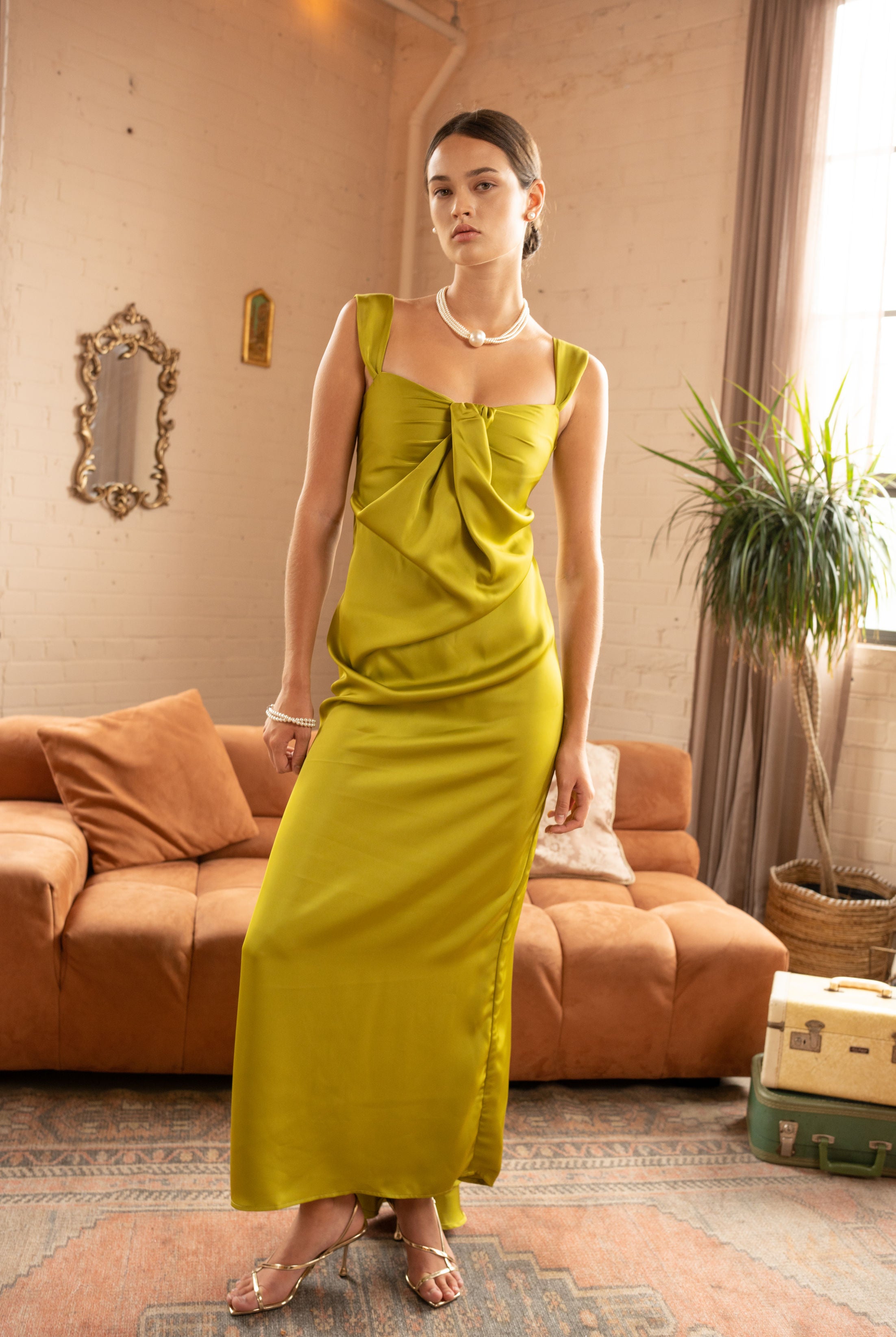 Silk Touch Satin Maxi Dress with Twisted Bodice – Chartreuse, Front View 2