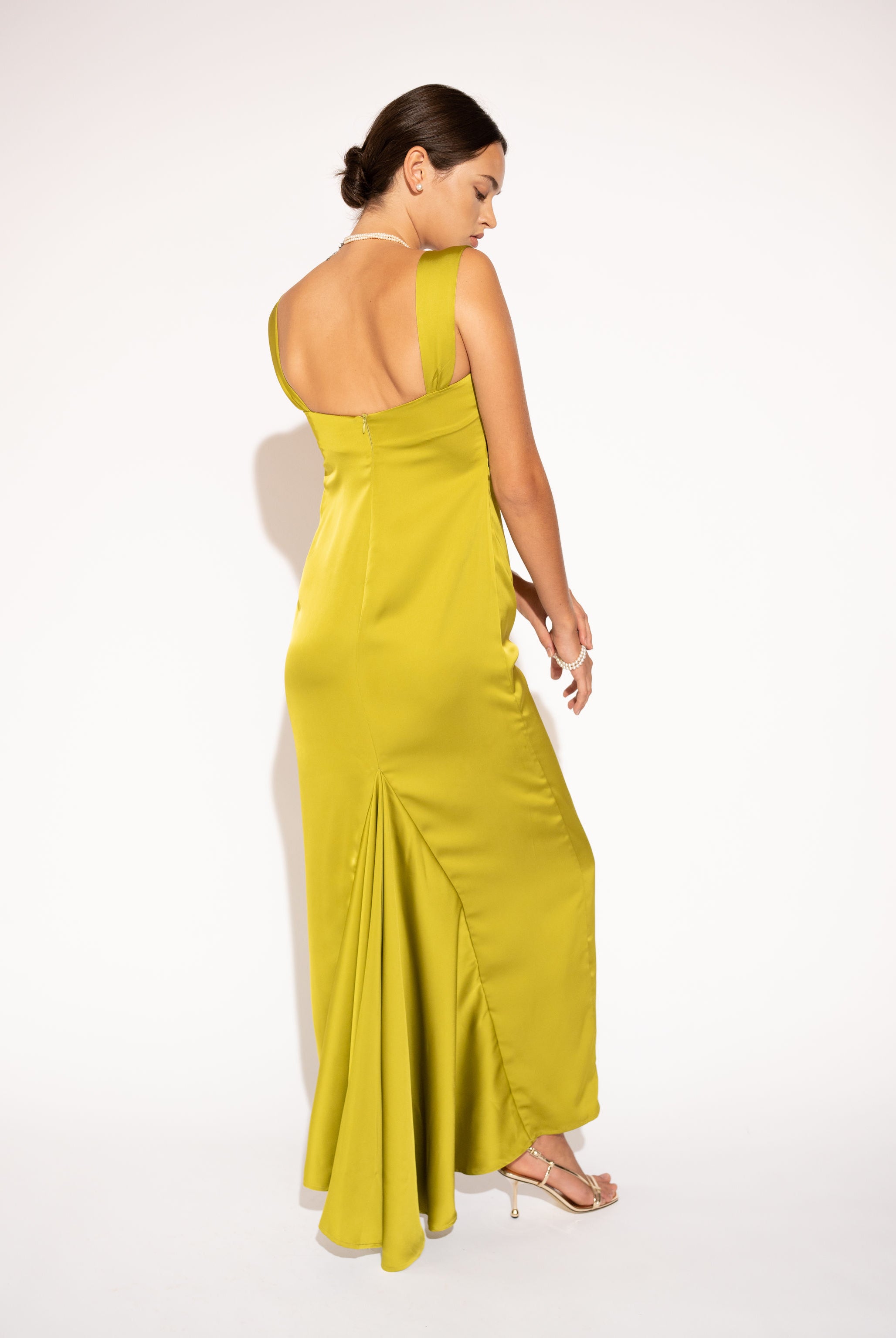Silk Touch Satin Maxi Dress with Twisted Bodice – Chartreuse, Back View