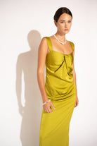 Silk Touch Satin Maxi Dress with Twisted Bodice – Chartreuse, Front View 4