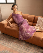 One-Shoulder Tie-Dye Pleated Maxi Dress – Lilac, Model Sitting