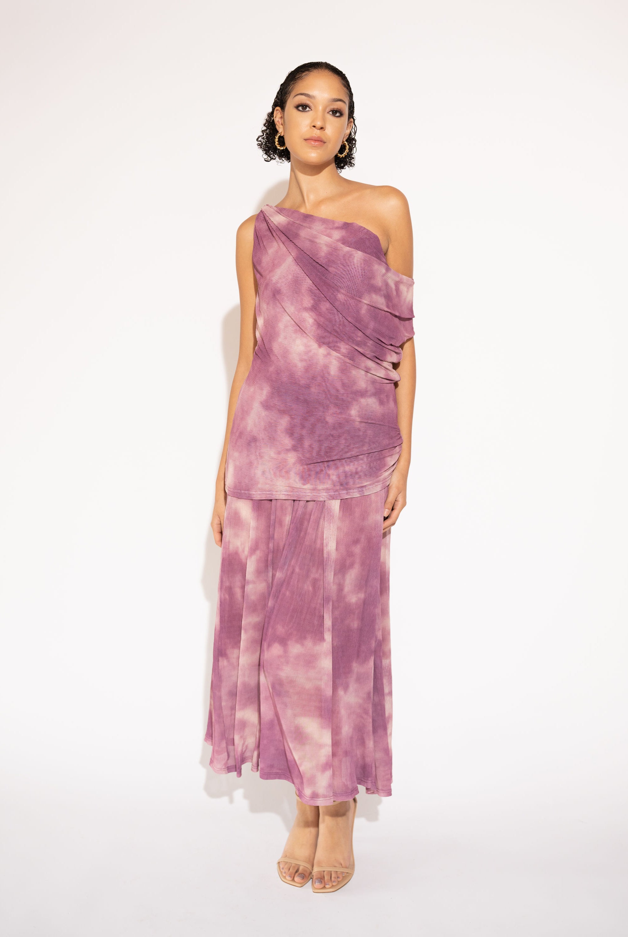 One-Shoulder Tie-Dye Pleated Maxi Dress – Lilac, Front View