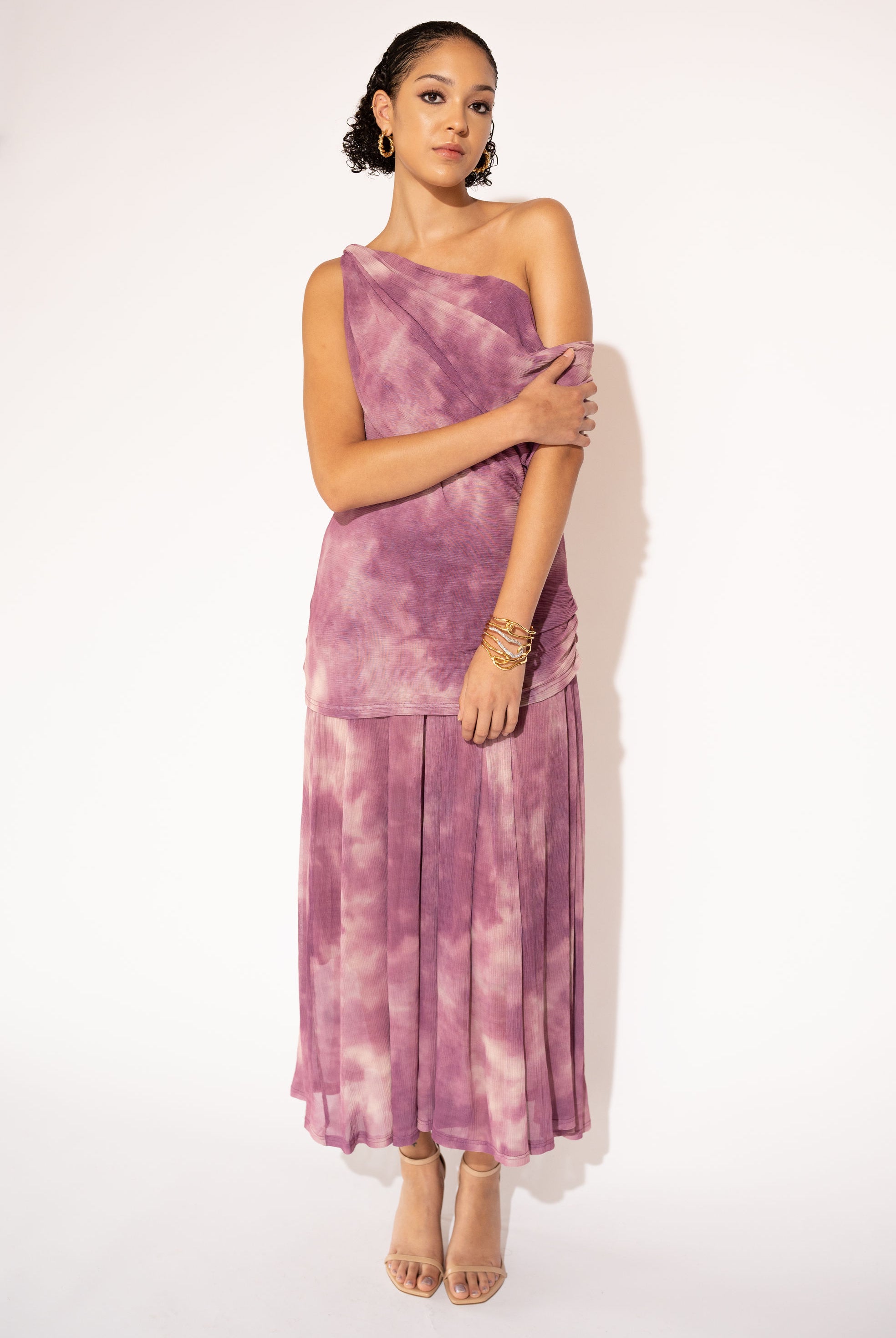 One-Shoulder Tie-Dye Pleated Maxi Dress – Lilac, Front View - Alt