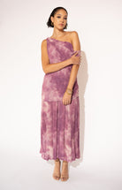 One-Shoulder Tie-Dye Pleated Maxi Dress – Lilac, Front View - Alt