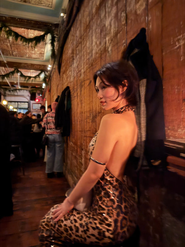 @imsoeggry in Leopard Sequin Halter Maxi Dress