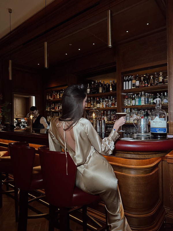 @ananikonovaa in the Gold Satin Gathered Waist Maxi dress