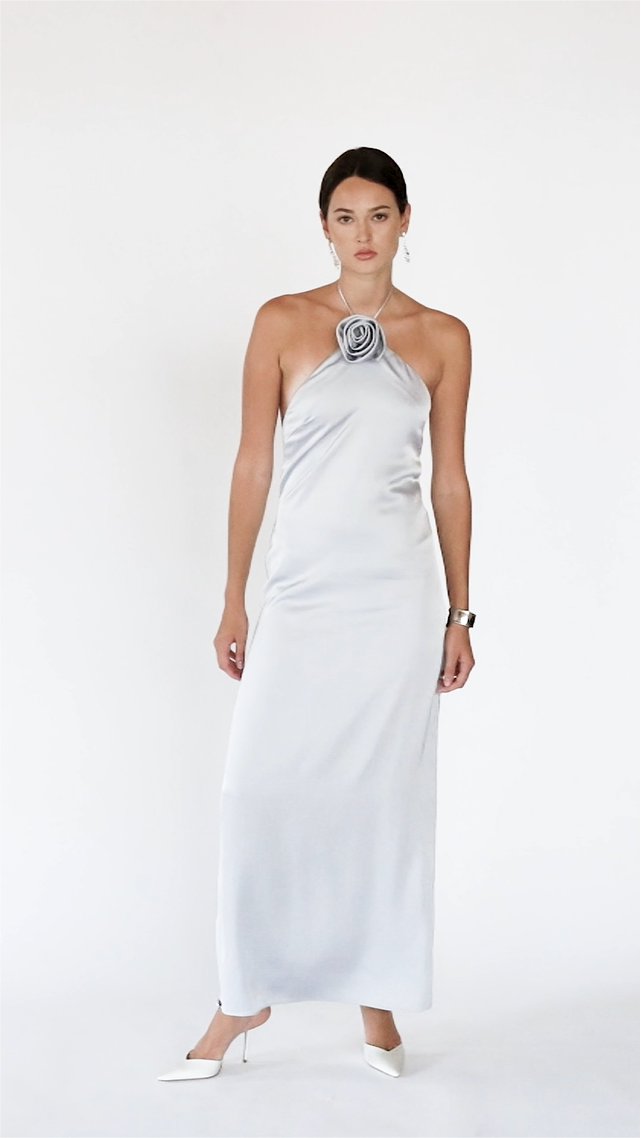 Video of Floral Halter Neck Satin Maxi Dress – Silver.