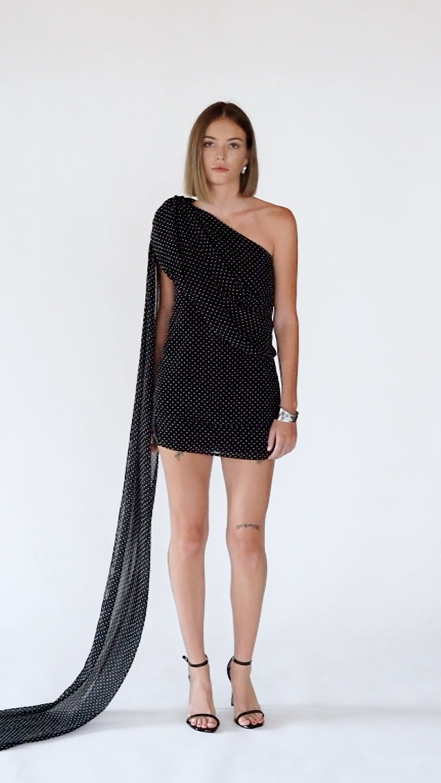 Video of model wearing Asymmetrical Chiffon Mini Dress Two-Piece with Draped Scarf – Polka by Aisl.