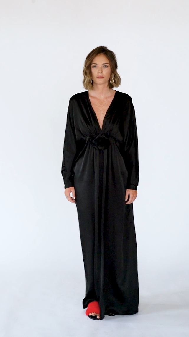 Video showing all angles of Floral Detail Satin Twill Maxi Dress – Black by Aisl.