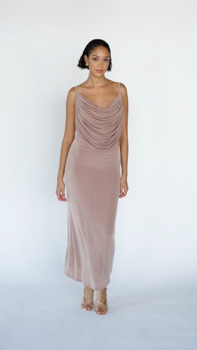Video of model wearing Flowy Draped Cowl Neck Maxi Dress with Double Layer – Blush.
