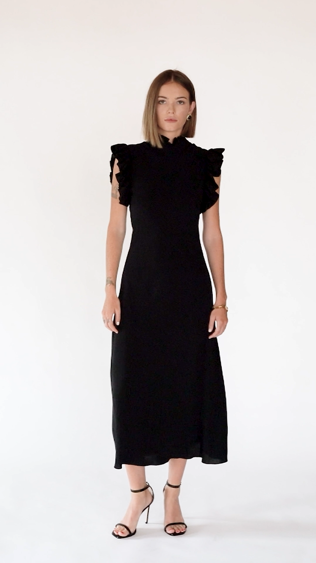 High-Neck Ruffle Sleeve Maxi Dress – Black - Video