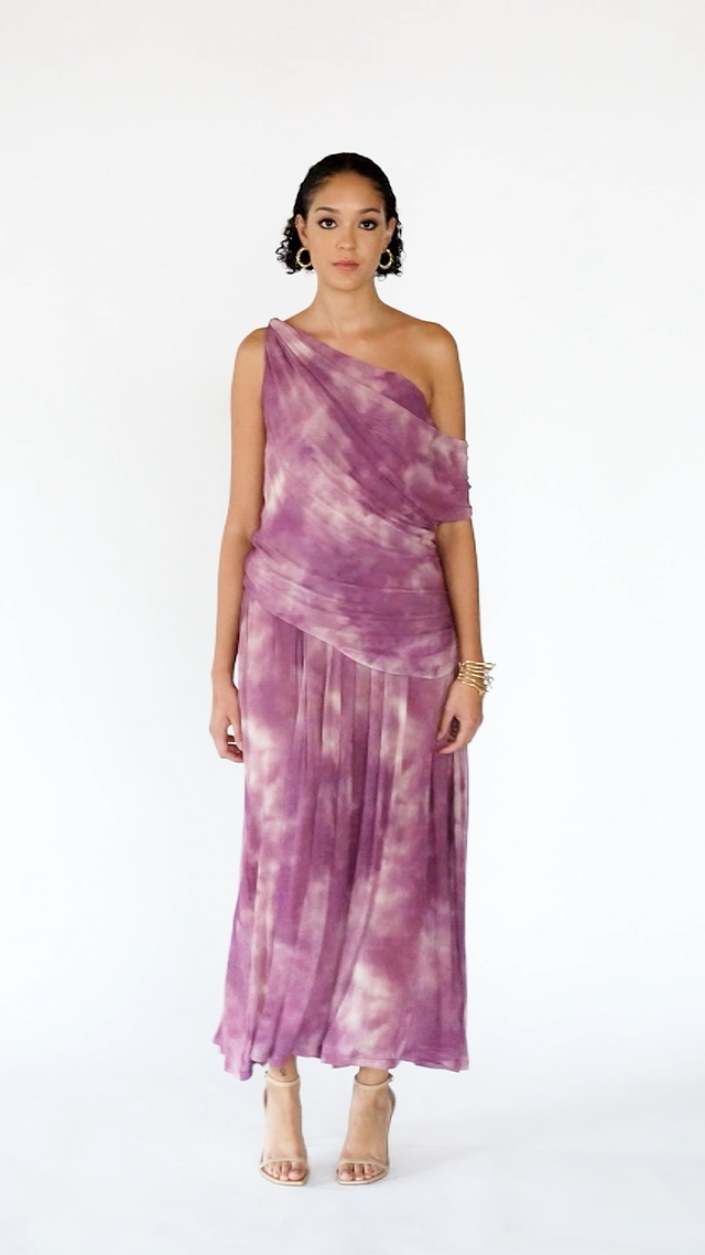 One-Shoulder Tie-Dye Pleated Maxi Dress – Lilac, Video