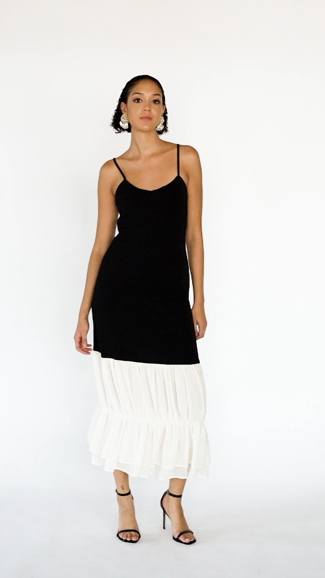 Patchwork Black and White Maxi Dress with Ruffled Hem, Video