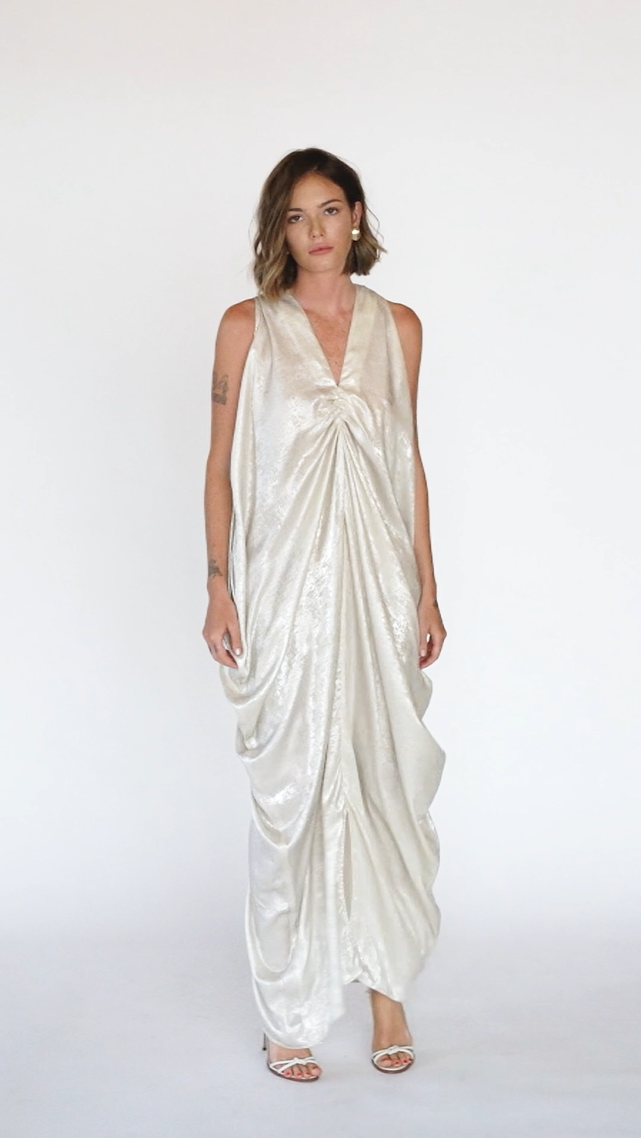 Pearl Satin Drape Maxi Dress with V-Neck – Silver, Video