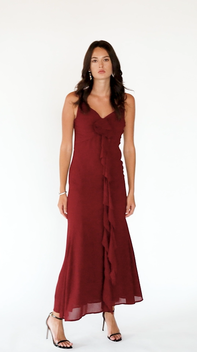 Ruffled Maxi Dress with Draped Bodice – Garnet, Video